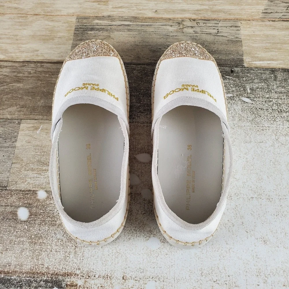 Philippe Model Paris Marseille Womens Shoes Sz 5.5 White Gold Glitter Slip On